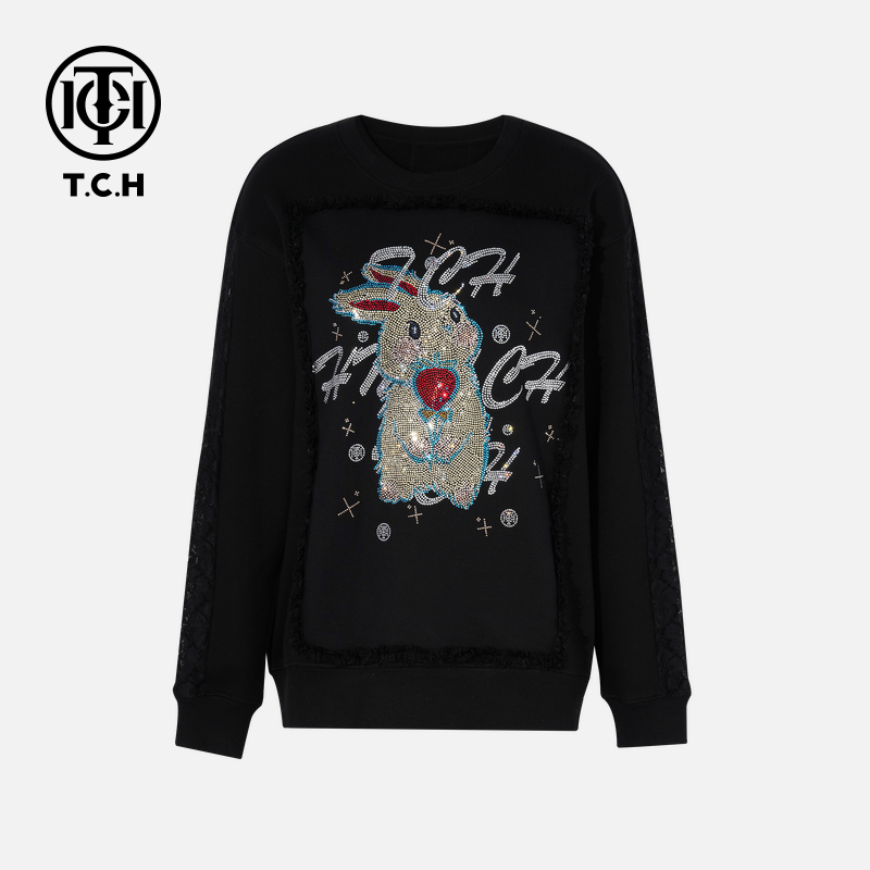 TCH私服烫钻工艺时尚休闲百搭舒适圆领衫女T75C11B1001轻奢tch