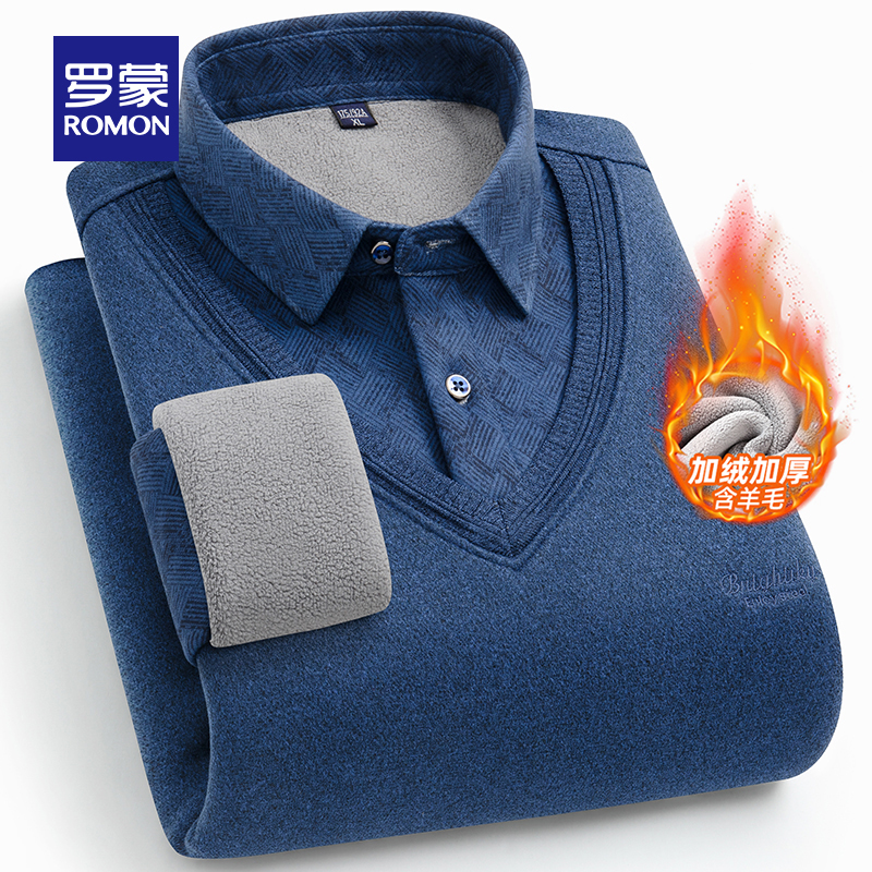 【含桑蚕丝羊毛】罗蒙中老年假两件翻领针织衫2024冬季新款加绒毛衣