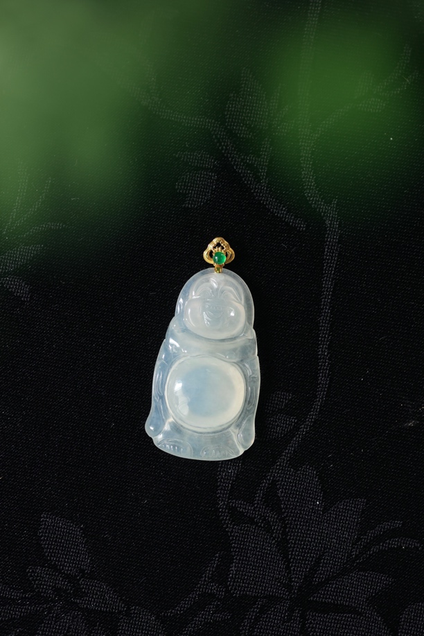 冰种翡翠佛公18k金镶嵌
