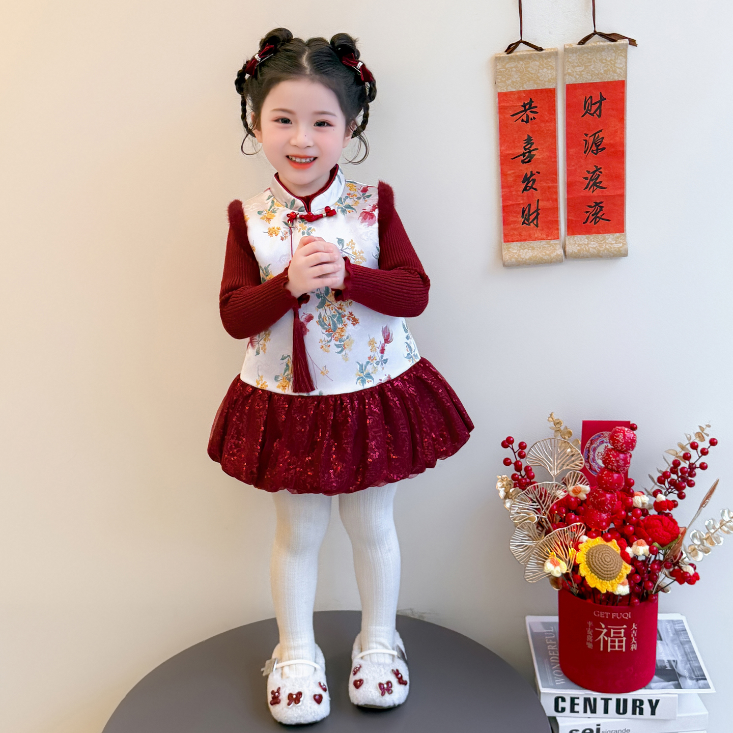 女童新中式拜年服冬季2025新款儿童背心表演服套装宝宝加厚过年服