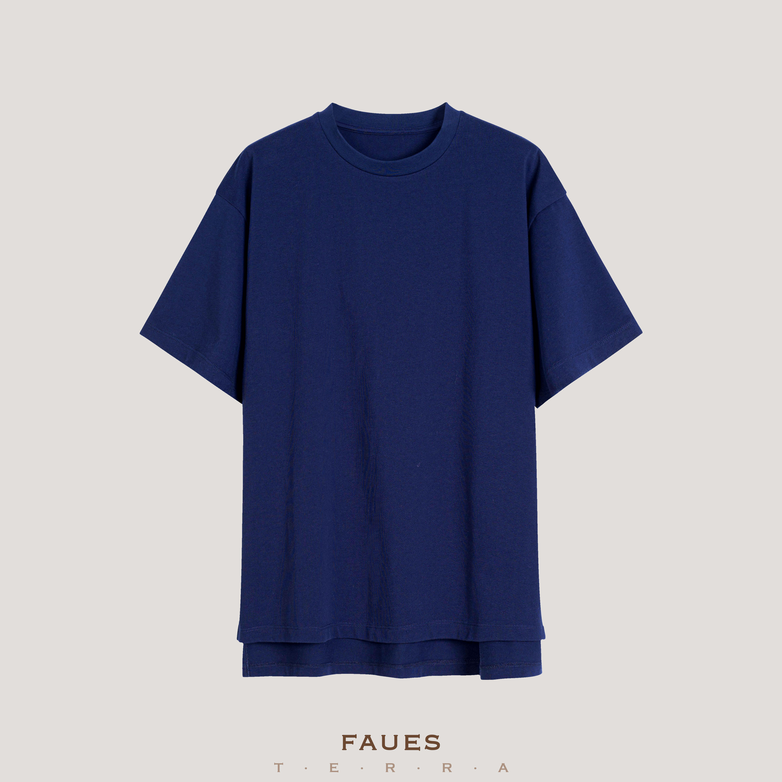 FAUES 猜不透的夜 克兰因蓝匹马棉侧开衩落肩宽版休闲文艺松弛T恤