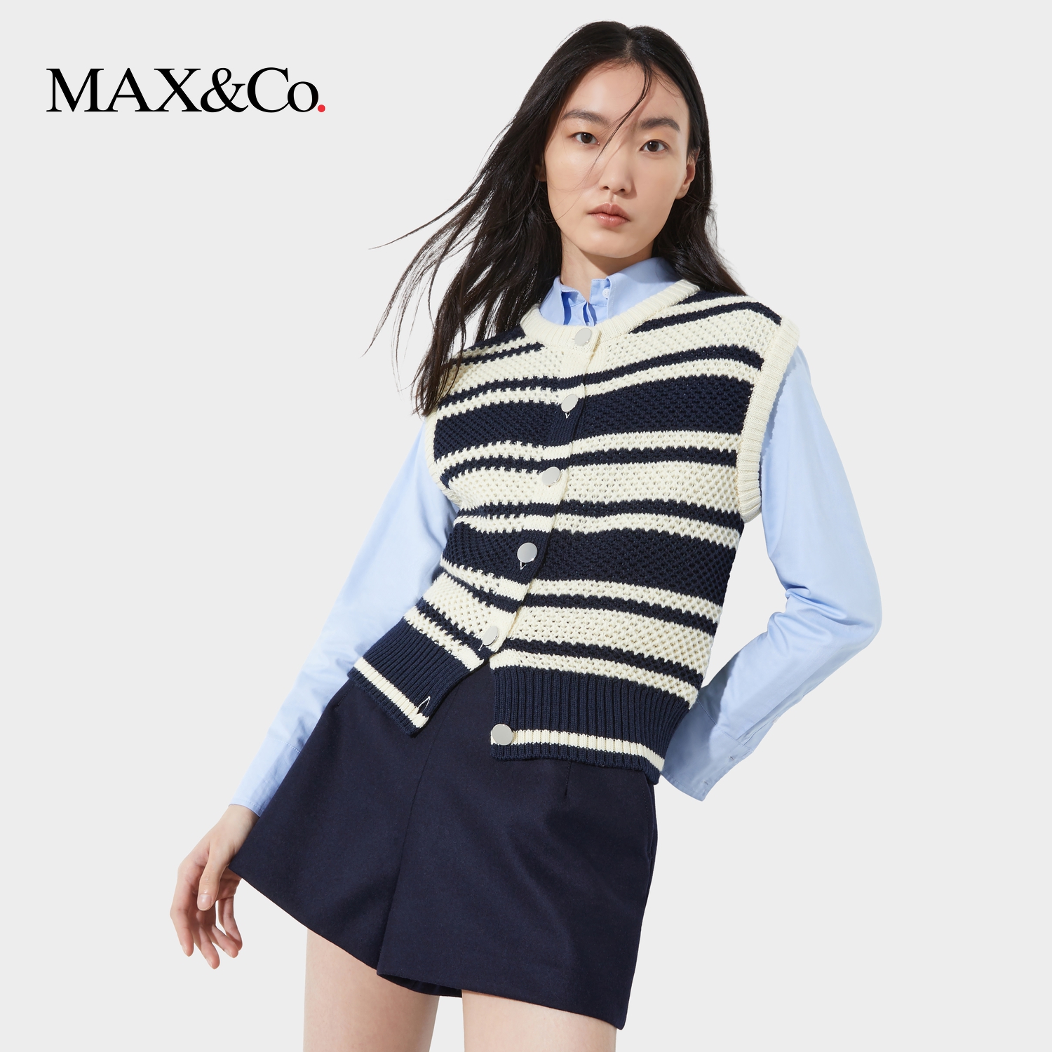 【2025季末折扣】MAX&Co.圆领纽扣可叠穿条纹针织背心6356025402