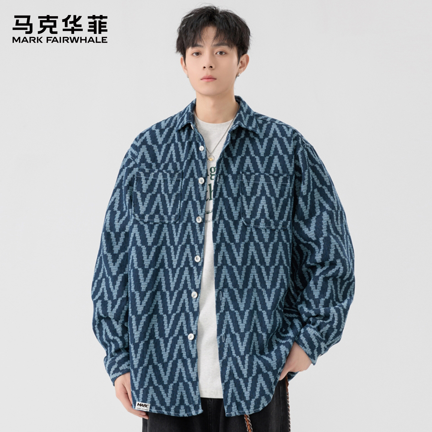 马克华菲2025新款满印提花衬衫男女复古宽松潮流ins长袖外套上衣
