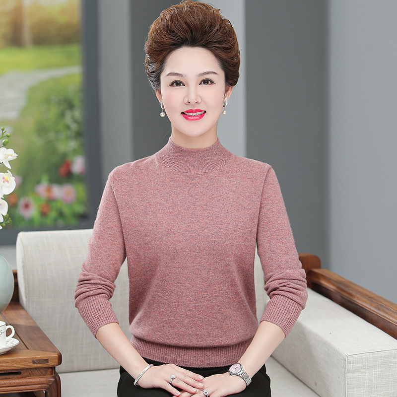 妈妈秋冬圆领纯色毛衣全羊毛针织衫中年女长袖羊毛衫保暖打底衫女