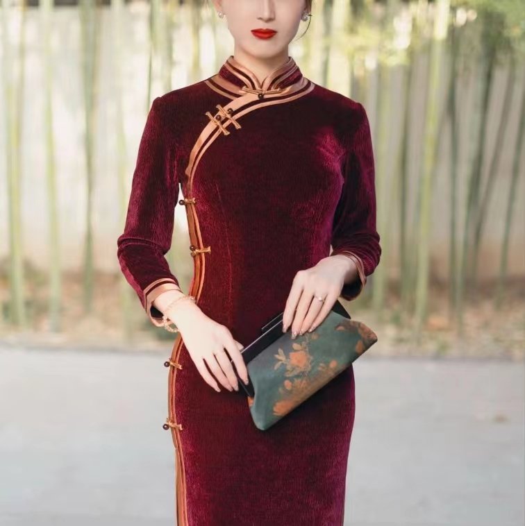 【酒红绒布】新款中国风修身复古优雅大方长款旗袍