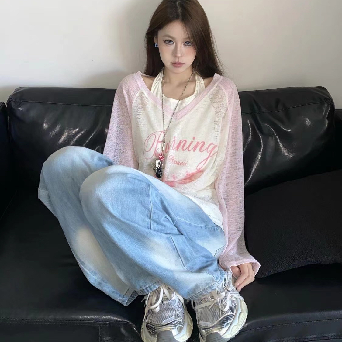 [两件套]夏季新款甜美撞色蝴蝶印花挂脖长袖t恤罩衫慵懒风防晒衫