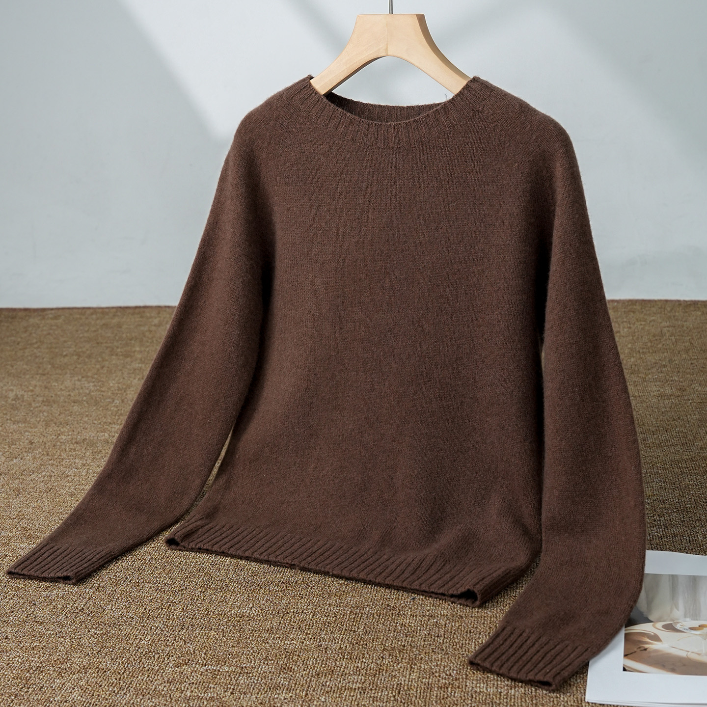 ebenb羊绒圆领气质毛衣秋冬纯色长袖宽松绵羊毛针织衫休闲打底衫