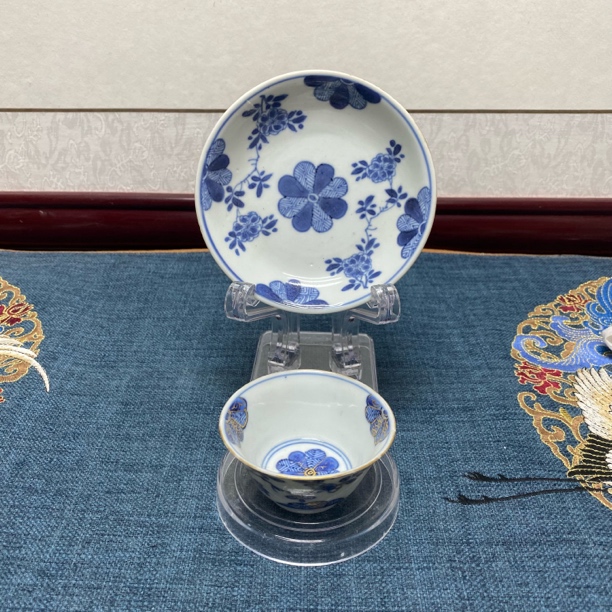 清康熙青花描金花卉杯碟C18/古玩/康熙瓷器/KC20250214014