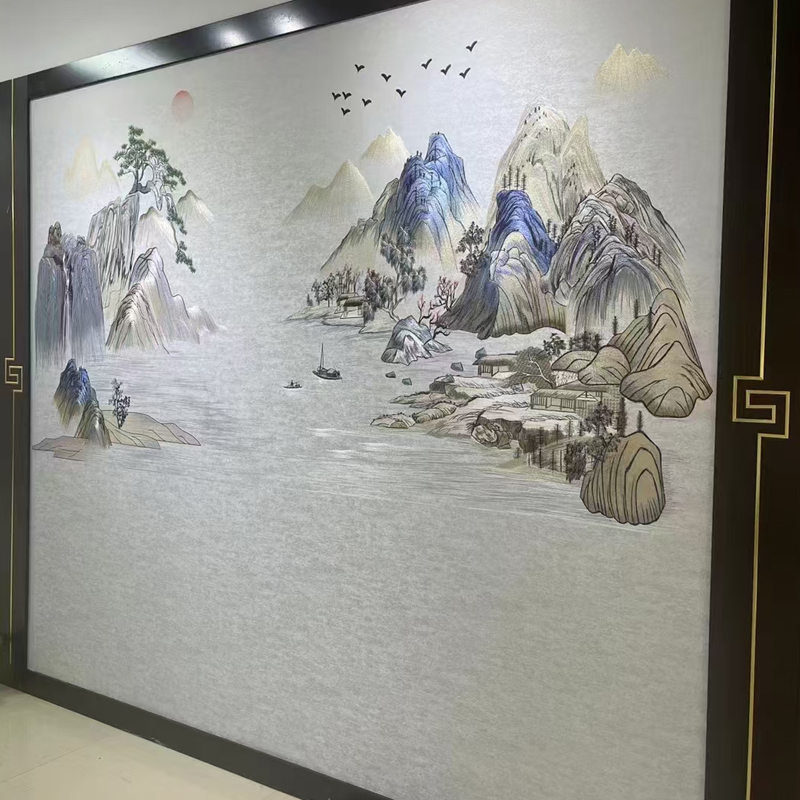 言绣独绣墙布背景墙布独秀山水刺绣溪山隐秀沙发背景中式电视特价