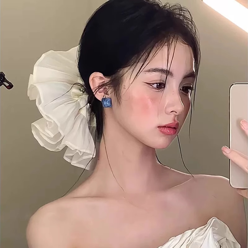 法式温柔奶白色网纱大肠发圈女高级感百搭头饰超大号发绳新娘伴娘