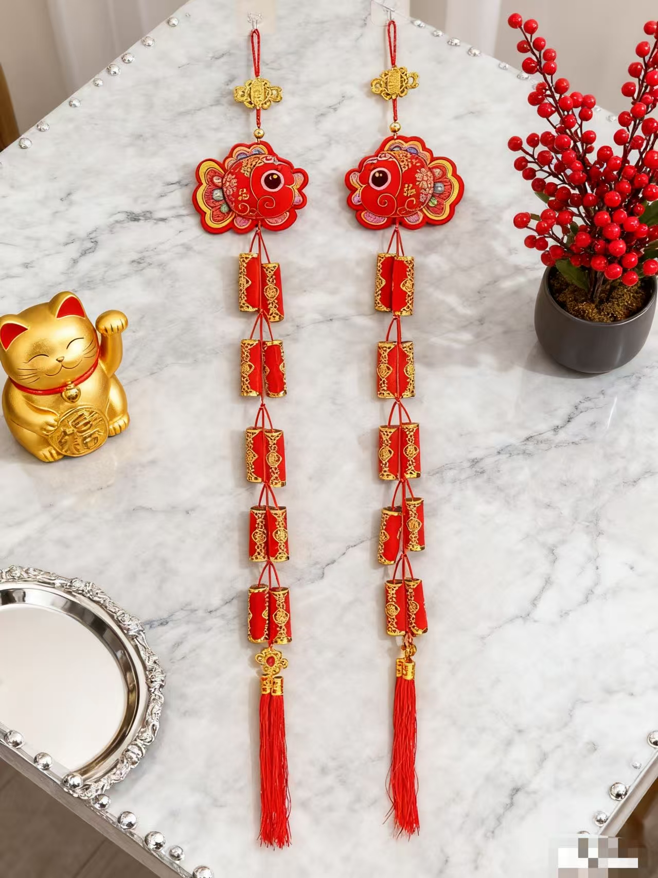 胖胖鱼鞭炮新年乔迁装饰红辣椒串中国结对联客厅春节喜庆挂饰