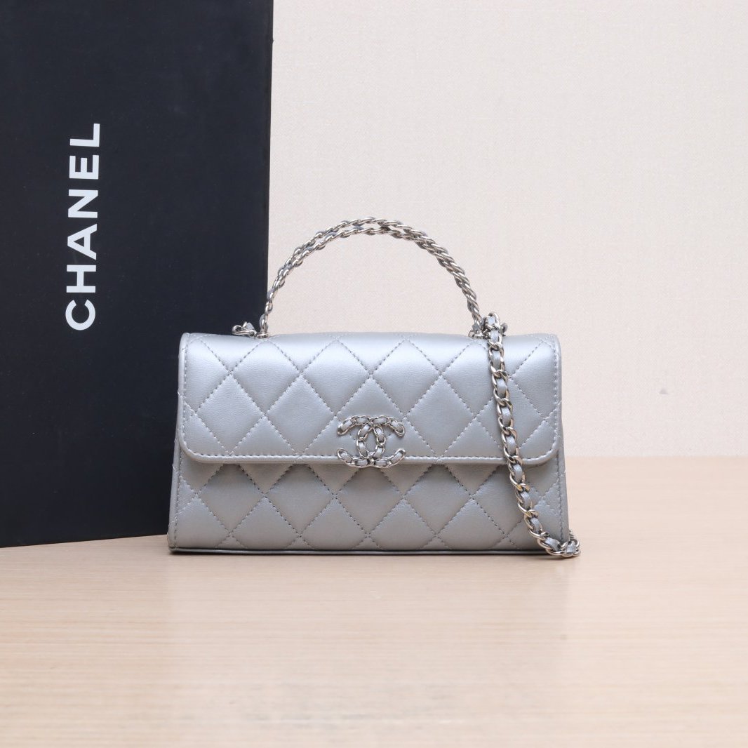 99新 Chanel/香奈儿 小花6欢 23P手柄Kelly 银色镭射银扣交叉手柄