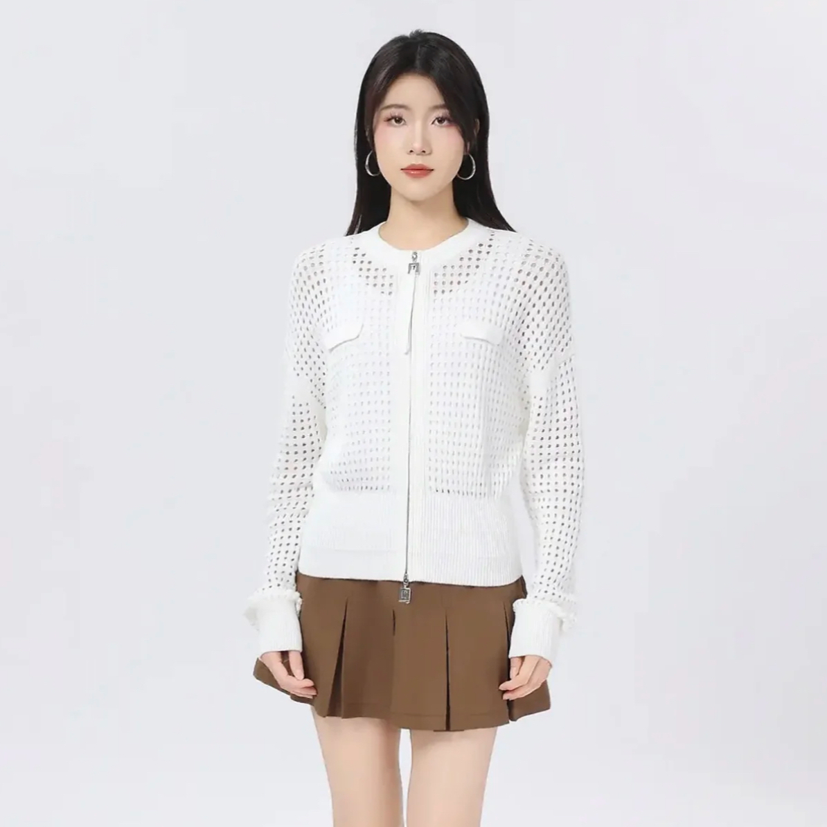 AMASS/阿玛施春夏新款镂空拉链针织开衫时尚百搭长袖上衣548032