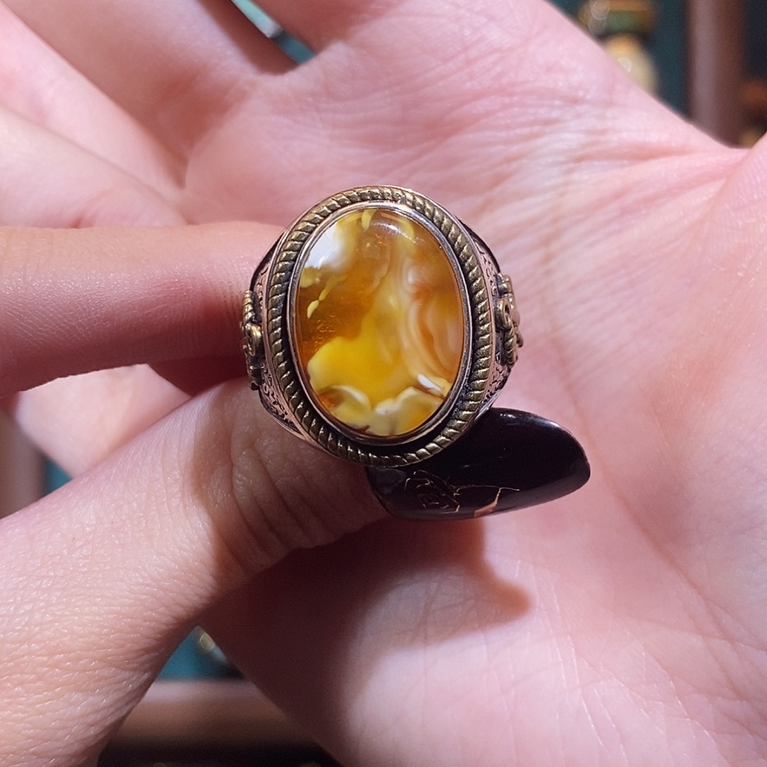 琥珀戒指银S925镶嵌幕**你戒指