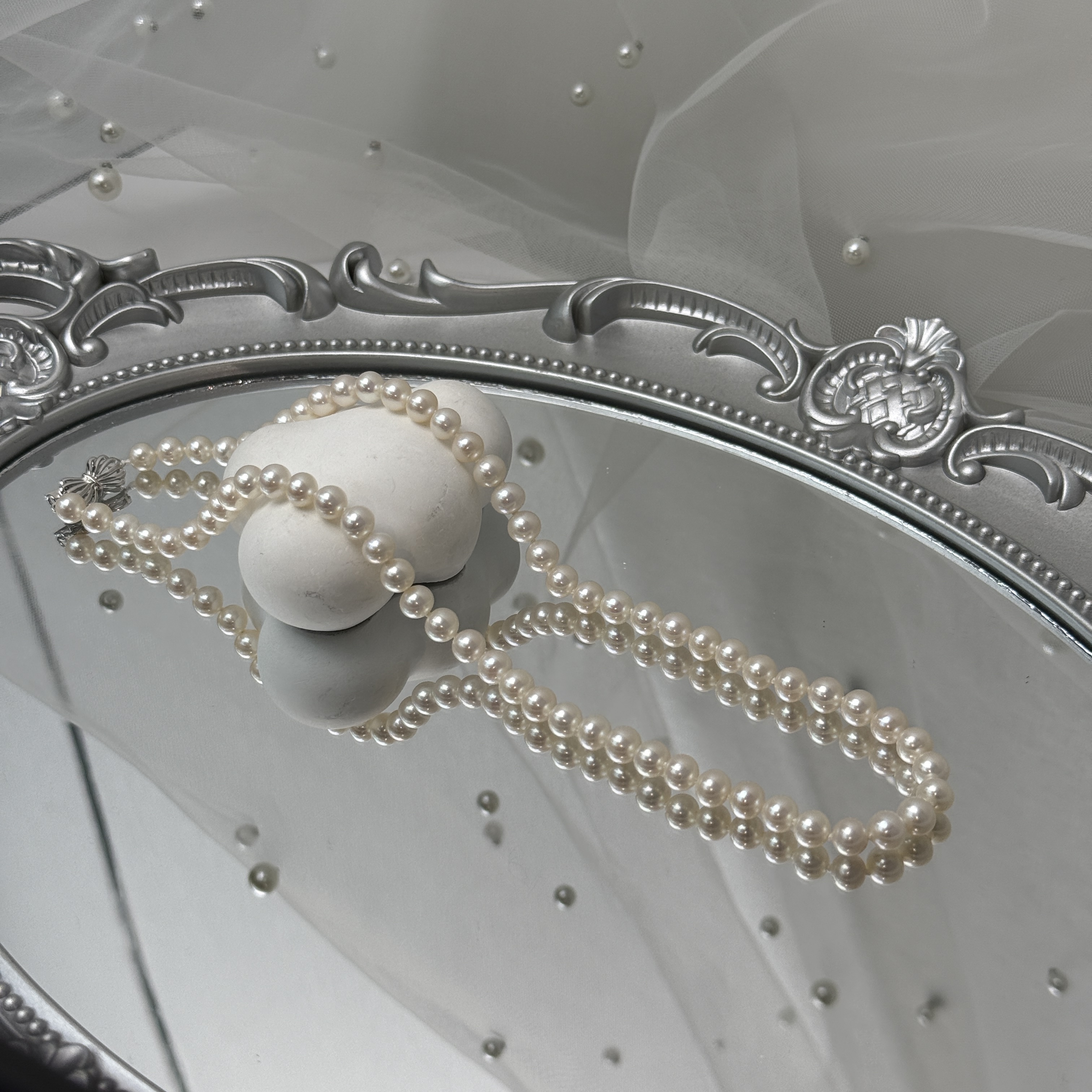 【白雪公主】S925银淡水珍珠白珠无核全珠链蝴蝶结插片扣6mm左右