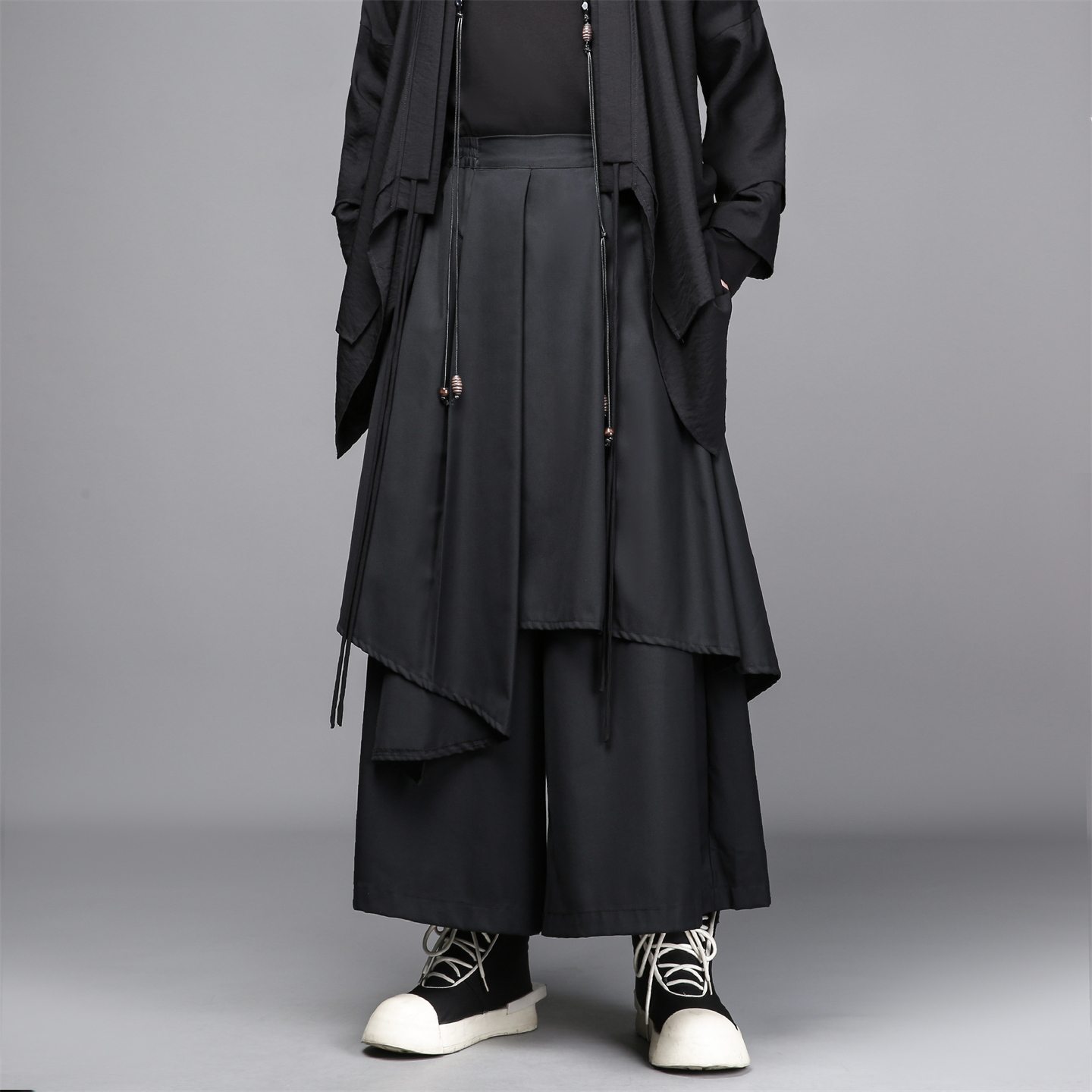 x127日系山本风假两件耀司立体剪裁不对称休闲裙裤九分阔腿裤男