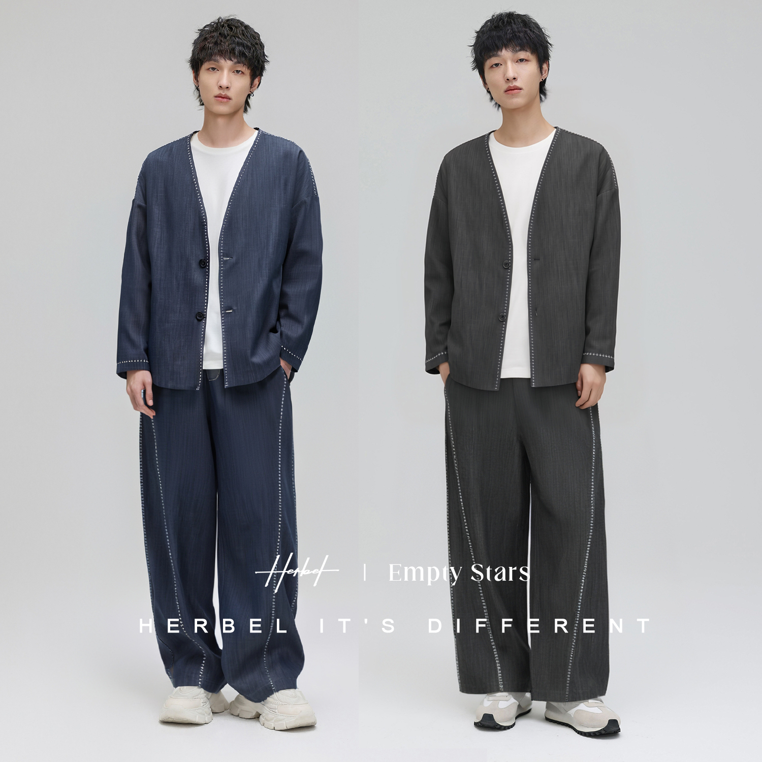 HERBEL/黑白2025秋季男士休闲国风牛仔外套男士秋季修身针织西服