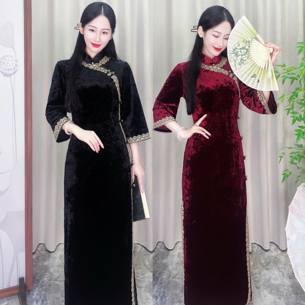 【心懂旗袍—静馨】早秋纯色黑色倒大袖修身显瘦秋款喜妈妈旗袍裙