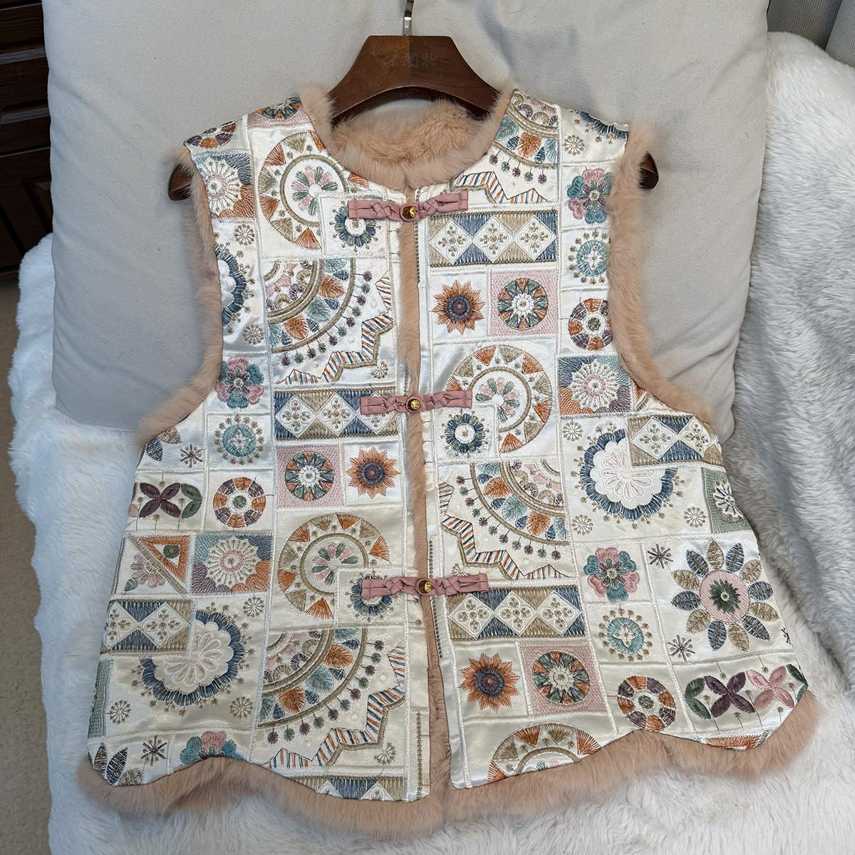 【锦拼绒】新中式加厚兔毛毛马甲背心国风女2025年秋冬新款上衣女