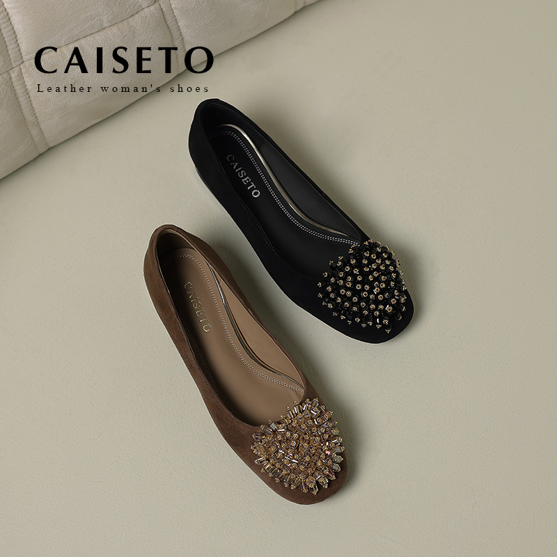 头层羊皮/2.5cm新款方圆头百搭满钻低跟单鞋软面通勤百搭25D244