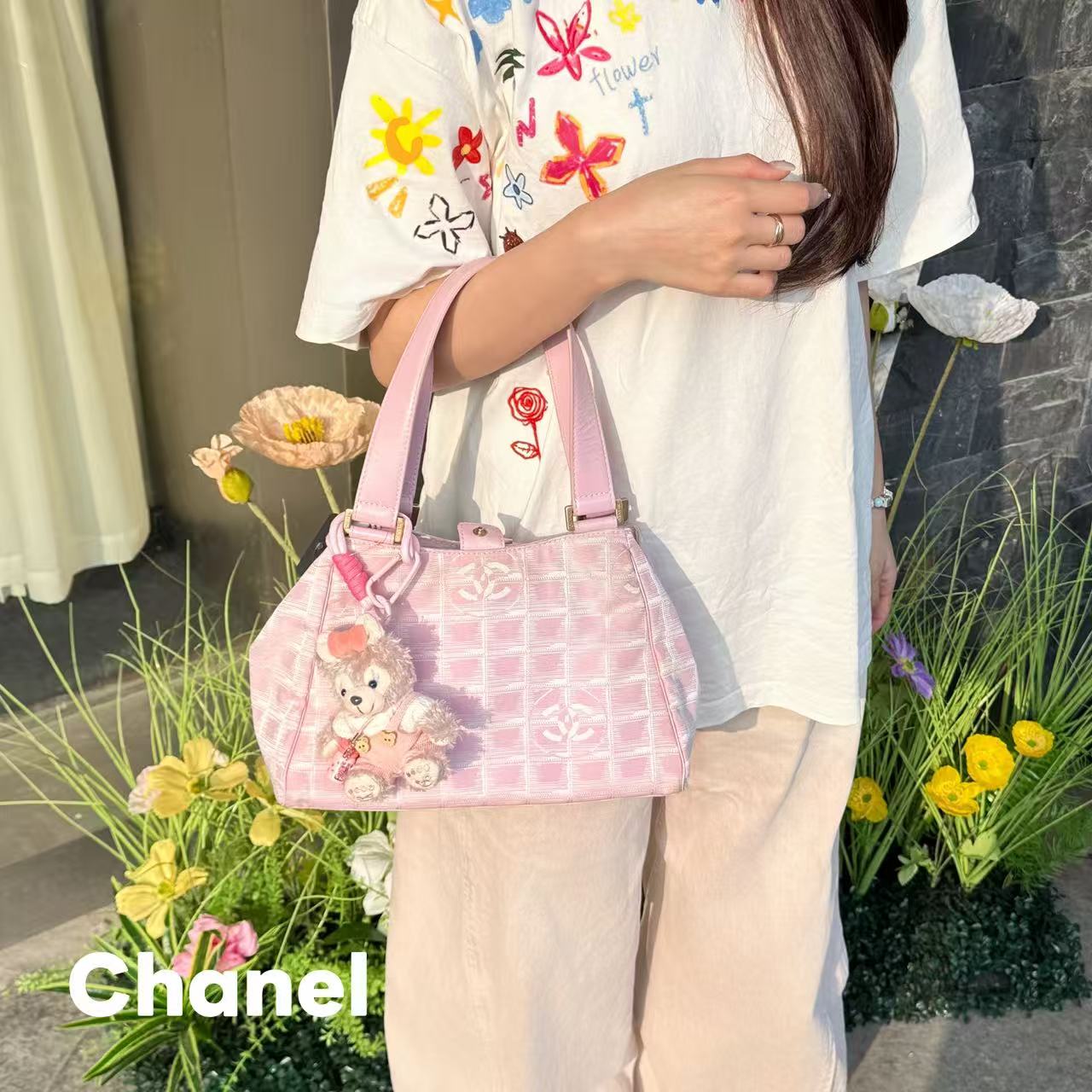 95新 Chanel/香奈儿 L208经典百搭粉冰格手提包包95新