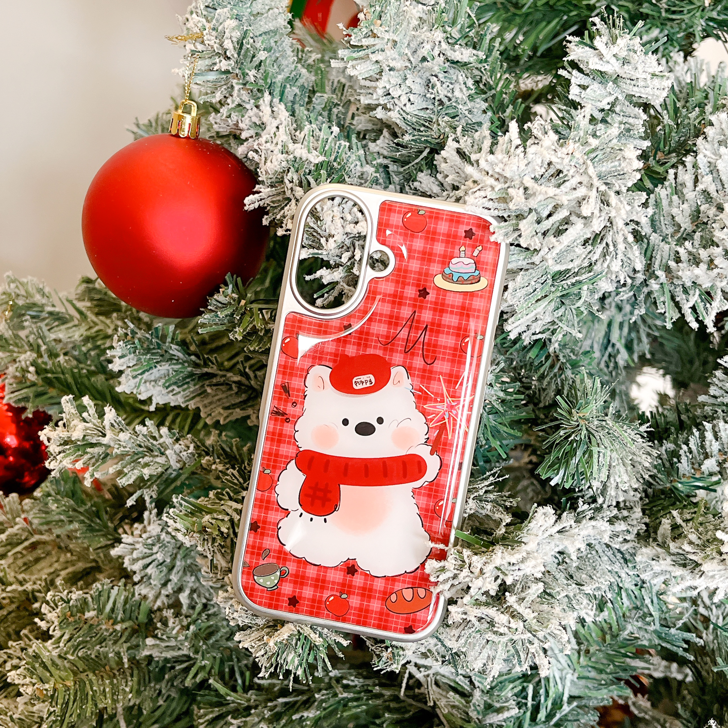 红色格纹小狗适用于16Promax可爱卡通15pro手机壳14情侣13防摔壳