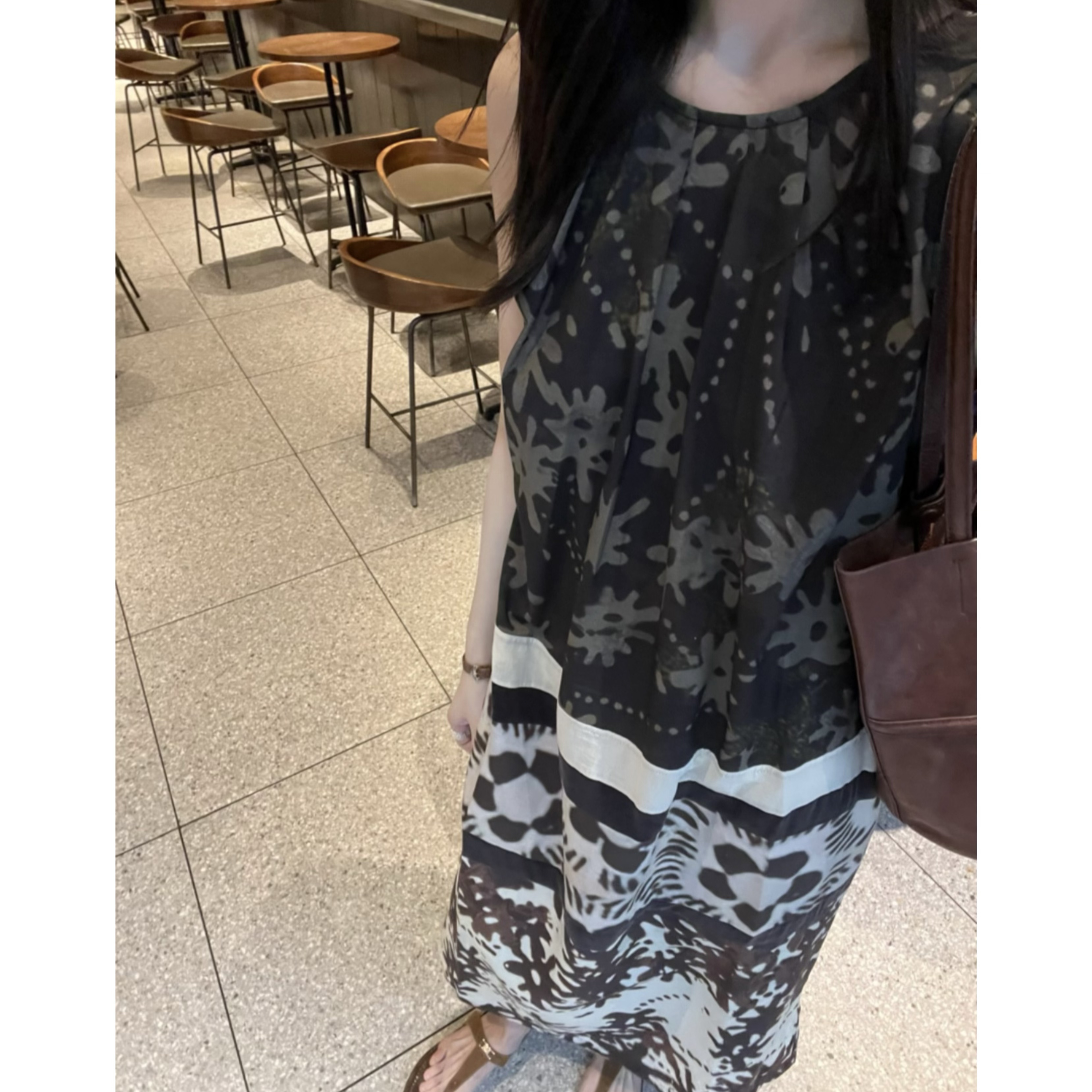 FAR ZOOM 亚麻拼接印花无袖背心连衣裙