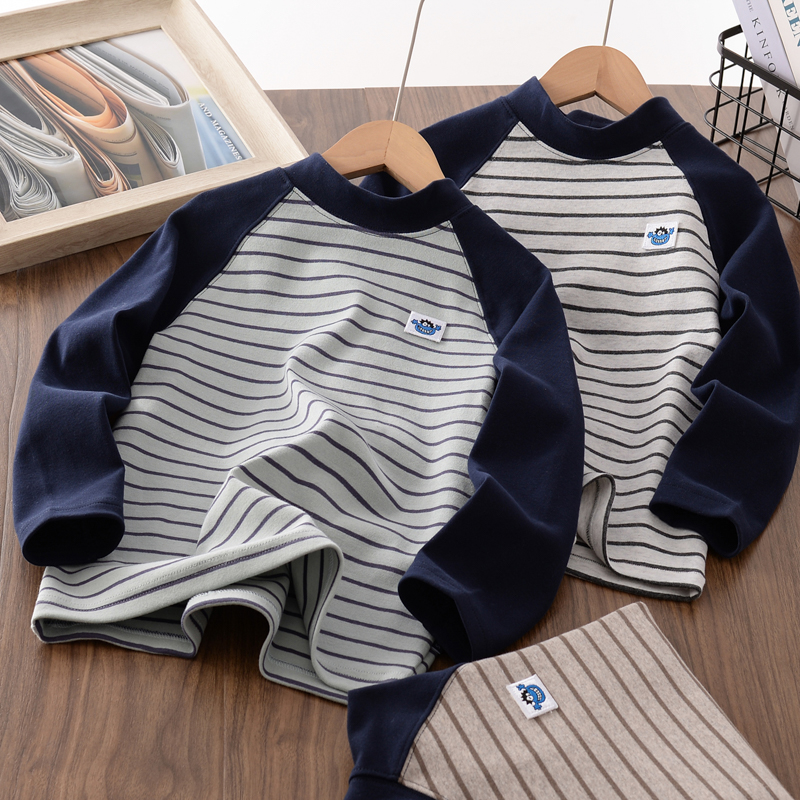 男童秋季新款插肩拼色条纹半高领T中大童加厚保暖磨毛款长袖T6875