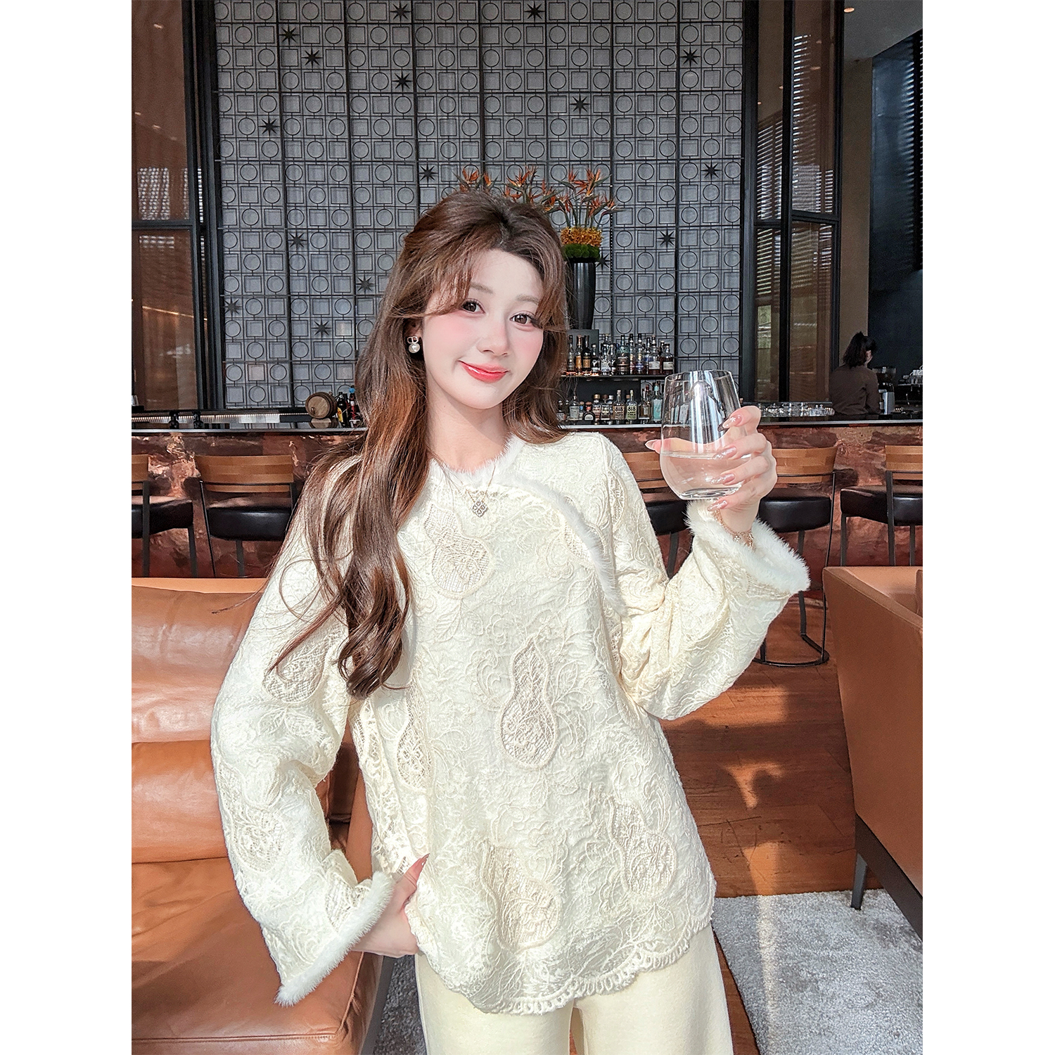 盈瓷品质｜玉葫芦 水貂毛加绒针织衫女秋冬蕾丝绣花内搭 25FW1027