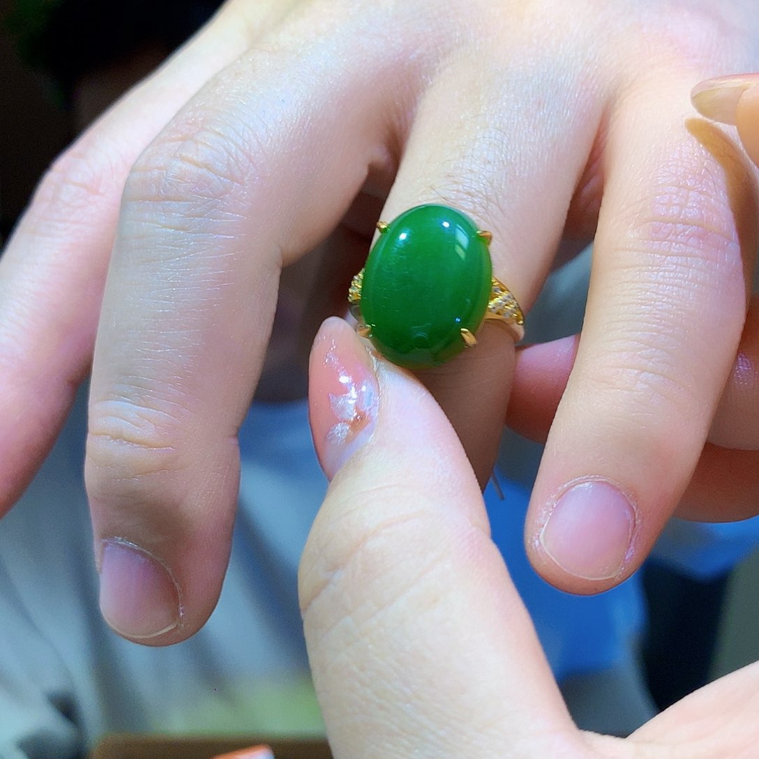 银S925镀金镶嵌戒指和田玉（碧玉）