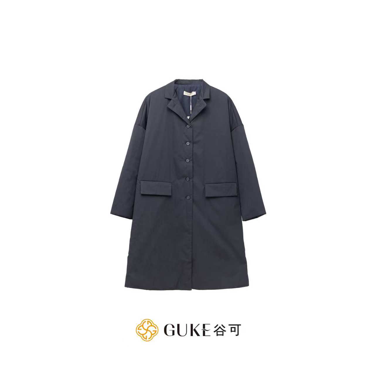 GKE/谷可M1292极简休闲长款翻领棉服2025秋冬新款宽松排扣厚外套