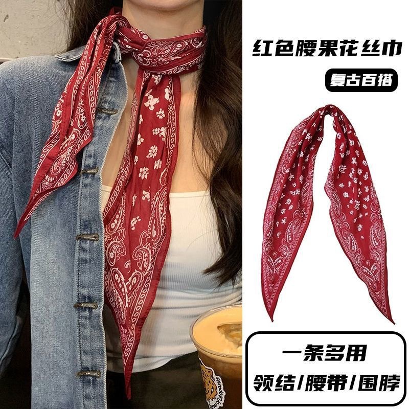 【纯棉】红色丝巾女韩系复古2025新款时尚百搭围巾高级感丝巾头饰