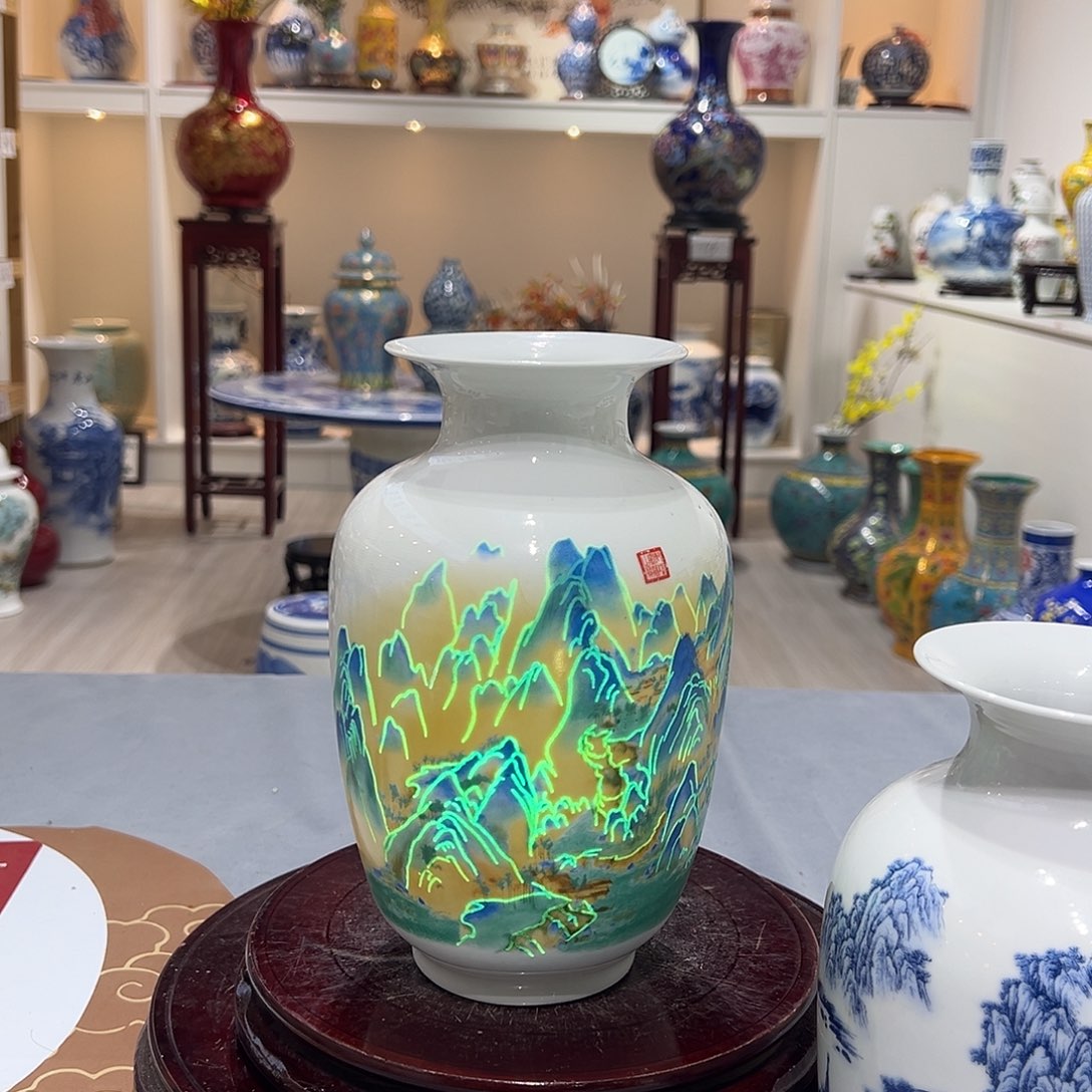 陶摆件22cm千里江山图冬瓜瓶
