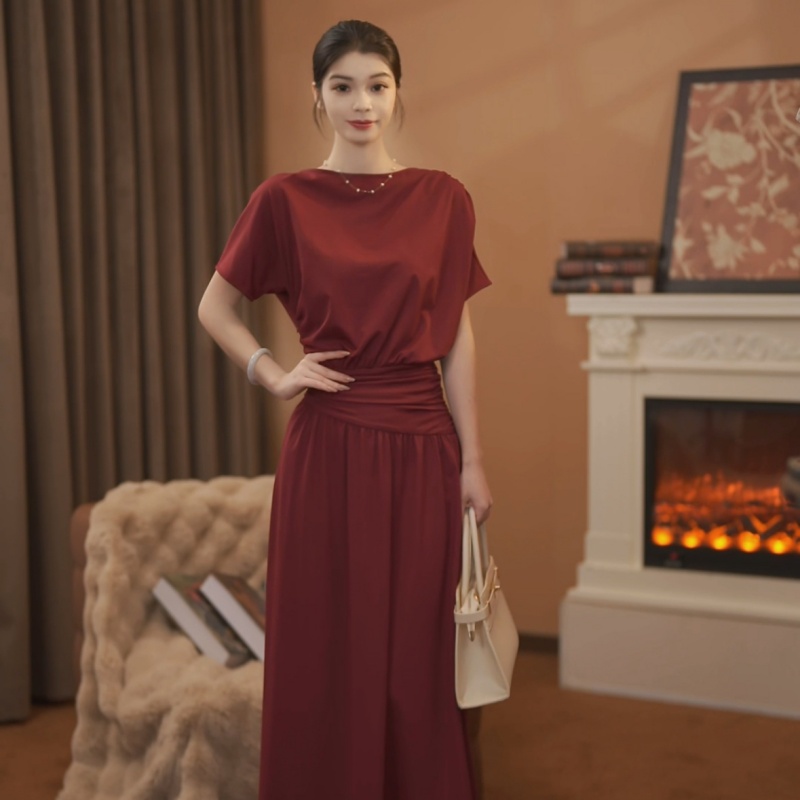 【大吉】朱砂痣 春夏法式短袖纯色时尚修身显瘦连衣裙-HZ731