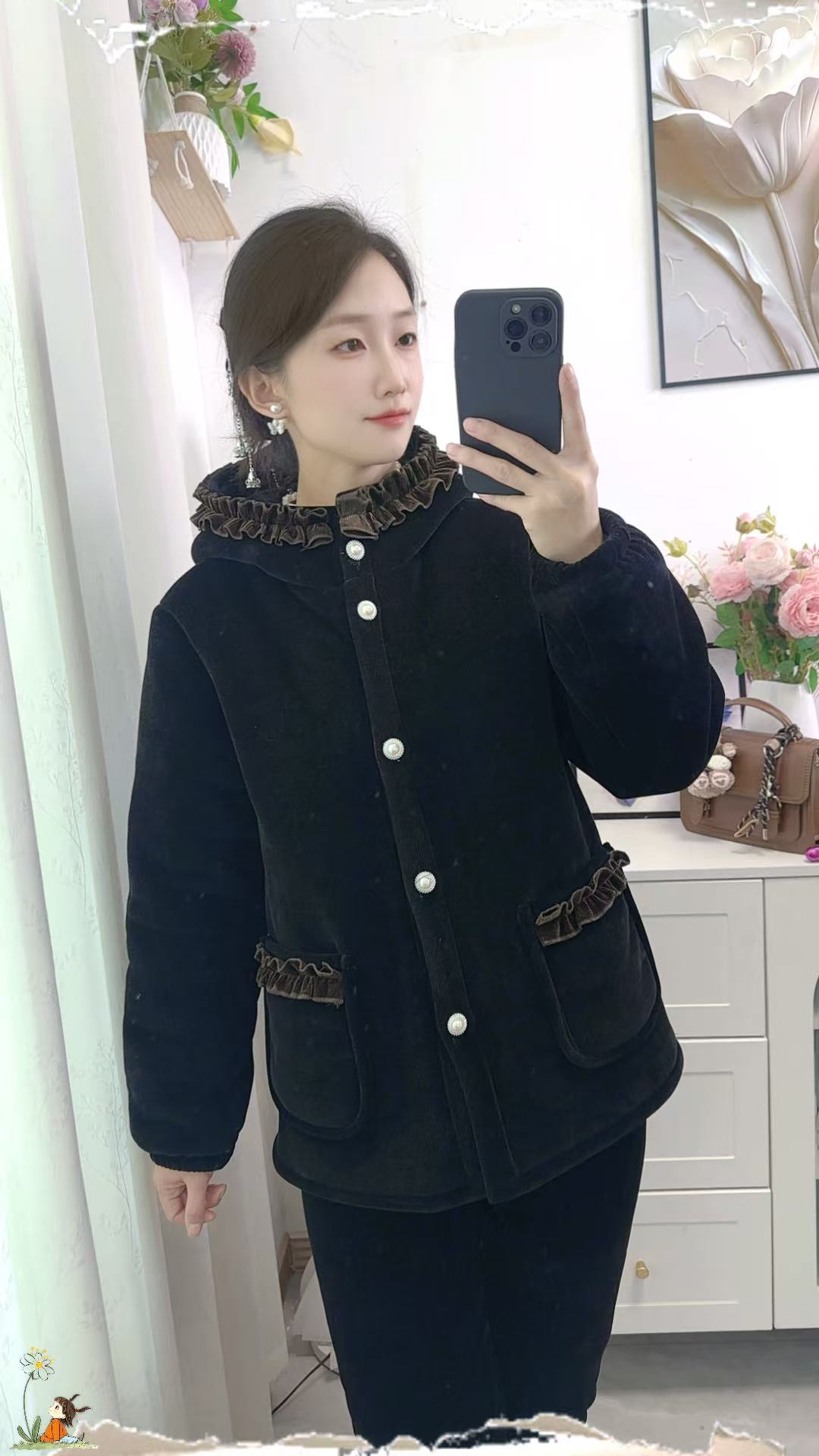 《连帽直筒款》外穿冷冬咖色娃娃领花边睡衣加绒加厚家居服保暖套装