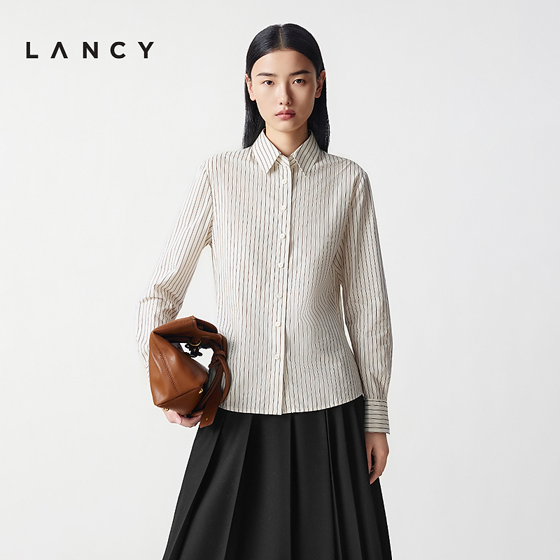 《宋佳同款》LANCY/朗姿2025年冬新款简约通勤条纹衬衫长袖翻领上衣