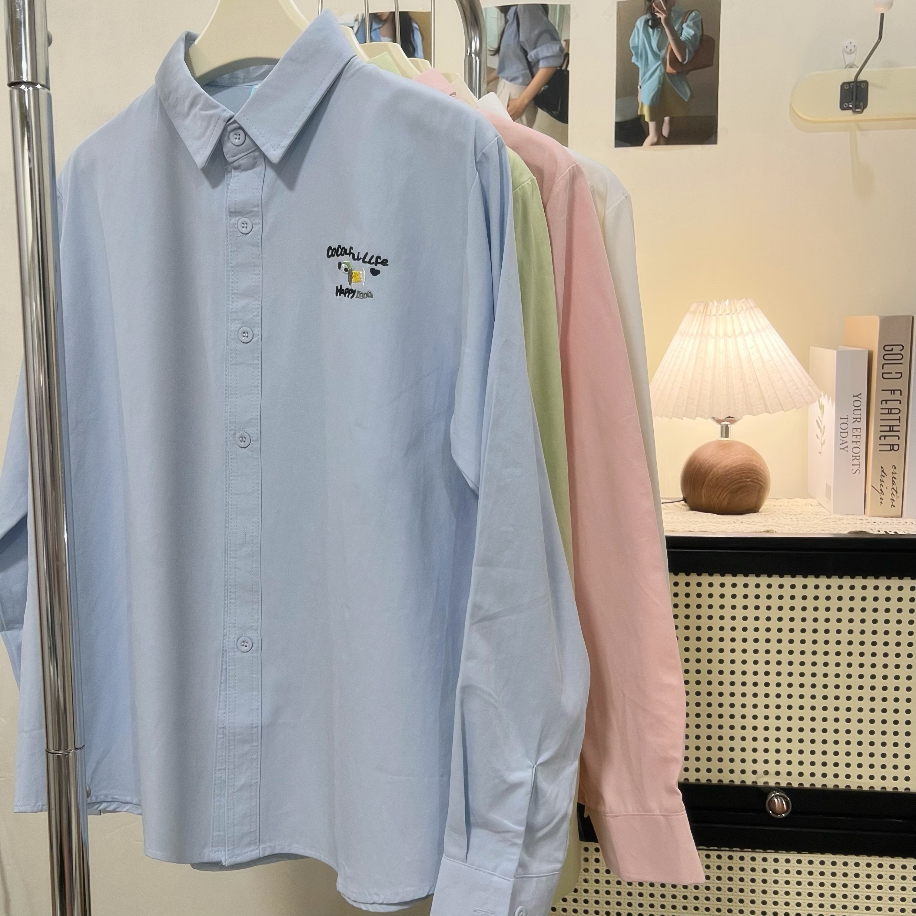 韩系新款纯棉衬衣刺绣衬衫女款长袖蓝色叠穿内搭2025时尚上衣外套