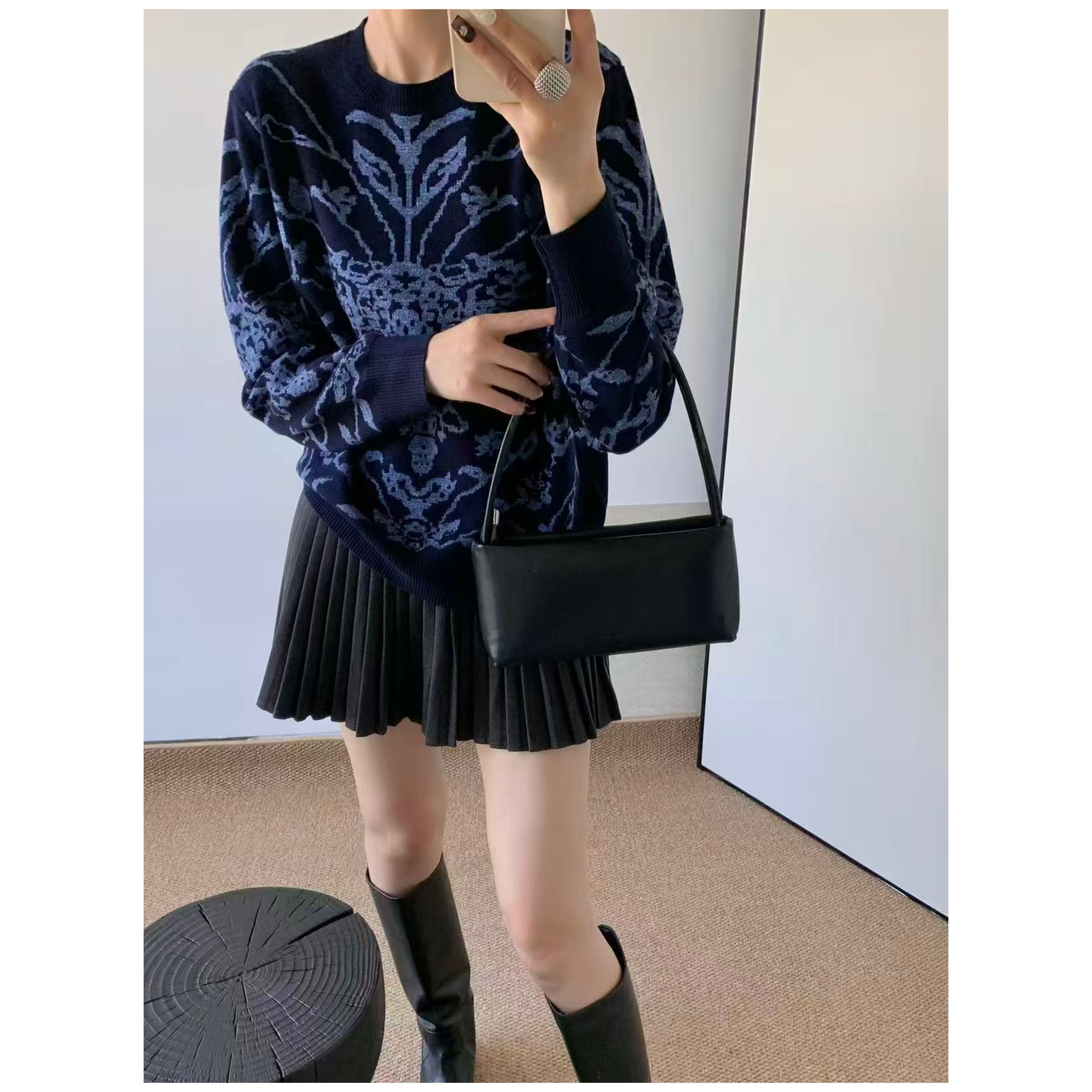 高货~胸112-160长58藏色满花氛围感套头套头长袖针织上衣 4135