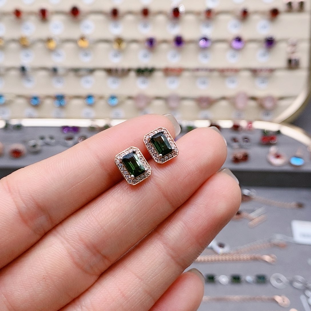 碧玺耳钉银S925镶嵌耳钉