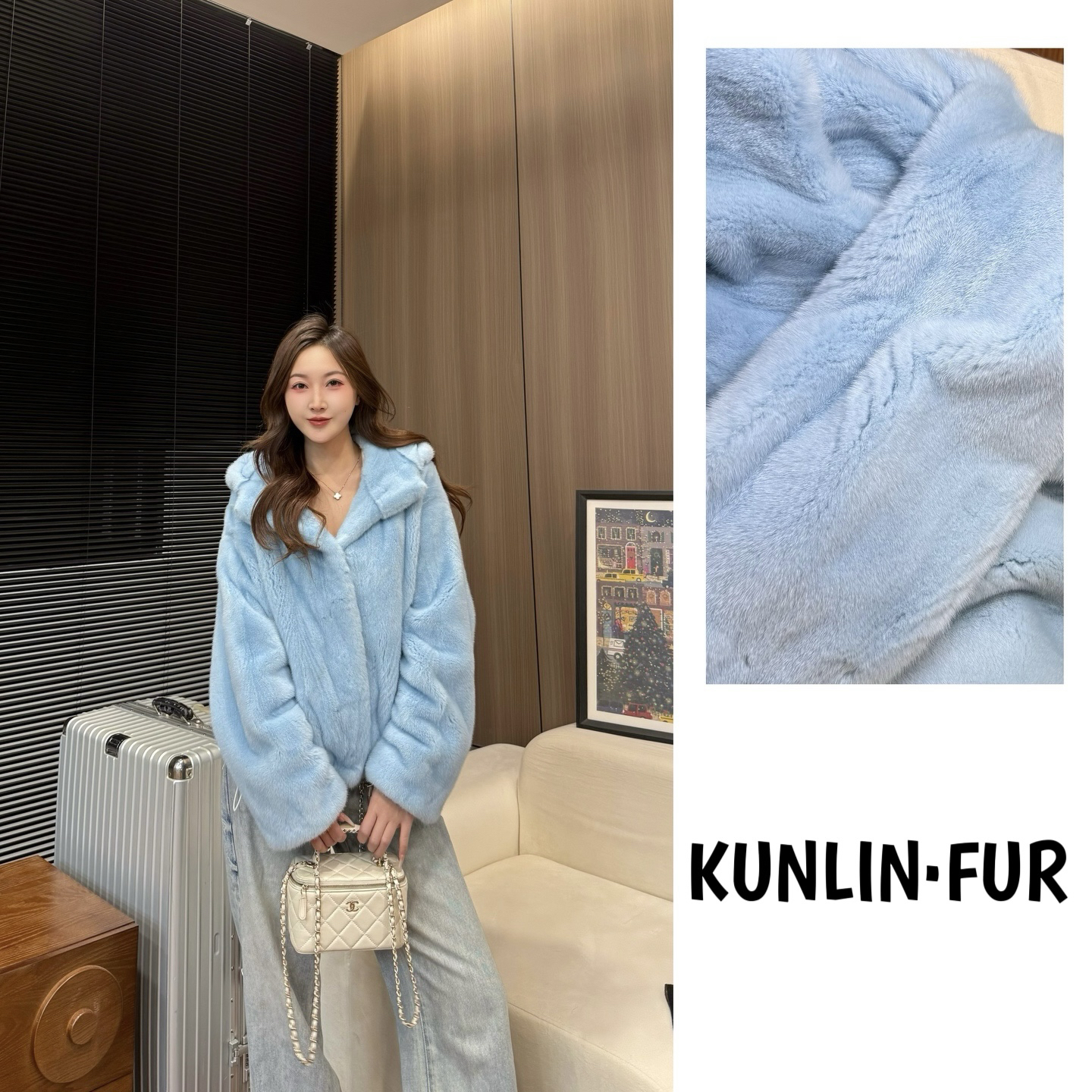 【V.V】‘’暖暖‘’风雪帽短款60cm女士休闲夹克水貂外套（K.L2410）