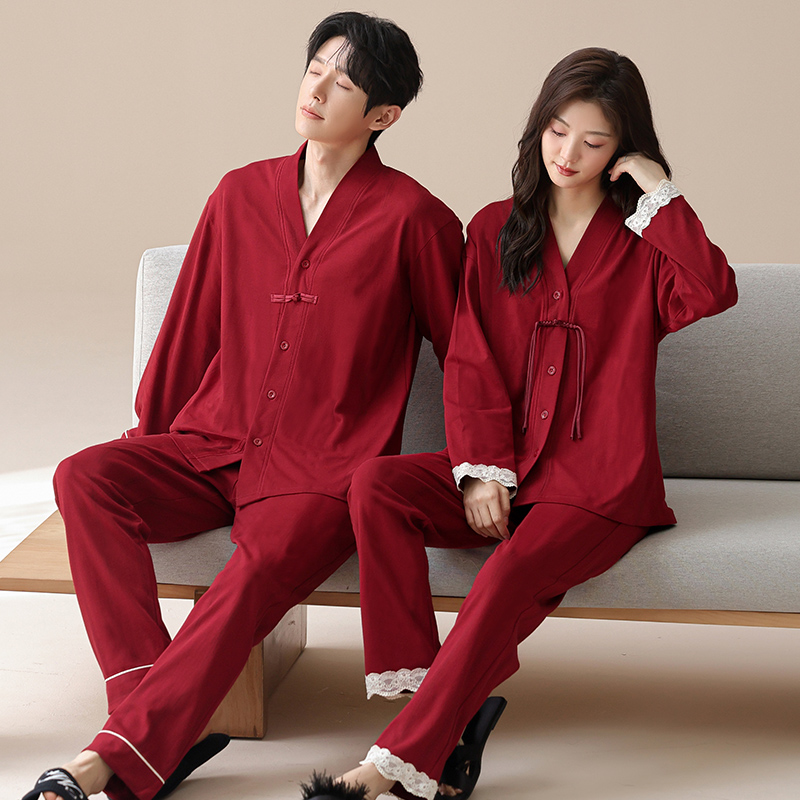 暗红色新婚情侣睡衣秋冬季纯棉长袖长裤套装红色结婚新中式家居服