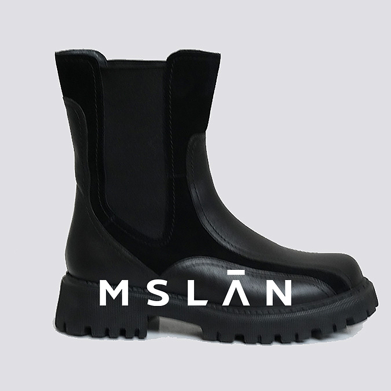 MSLAN圆头中帮套筒增高马丁靴休闲风轻便皮革拼接MFCE8E02