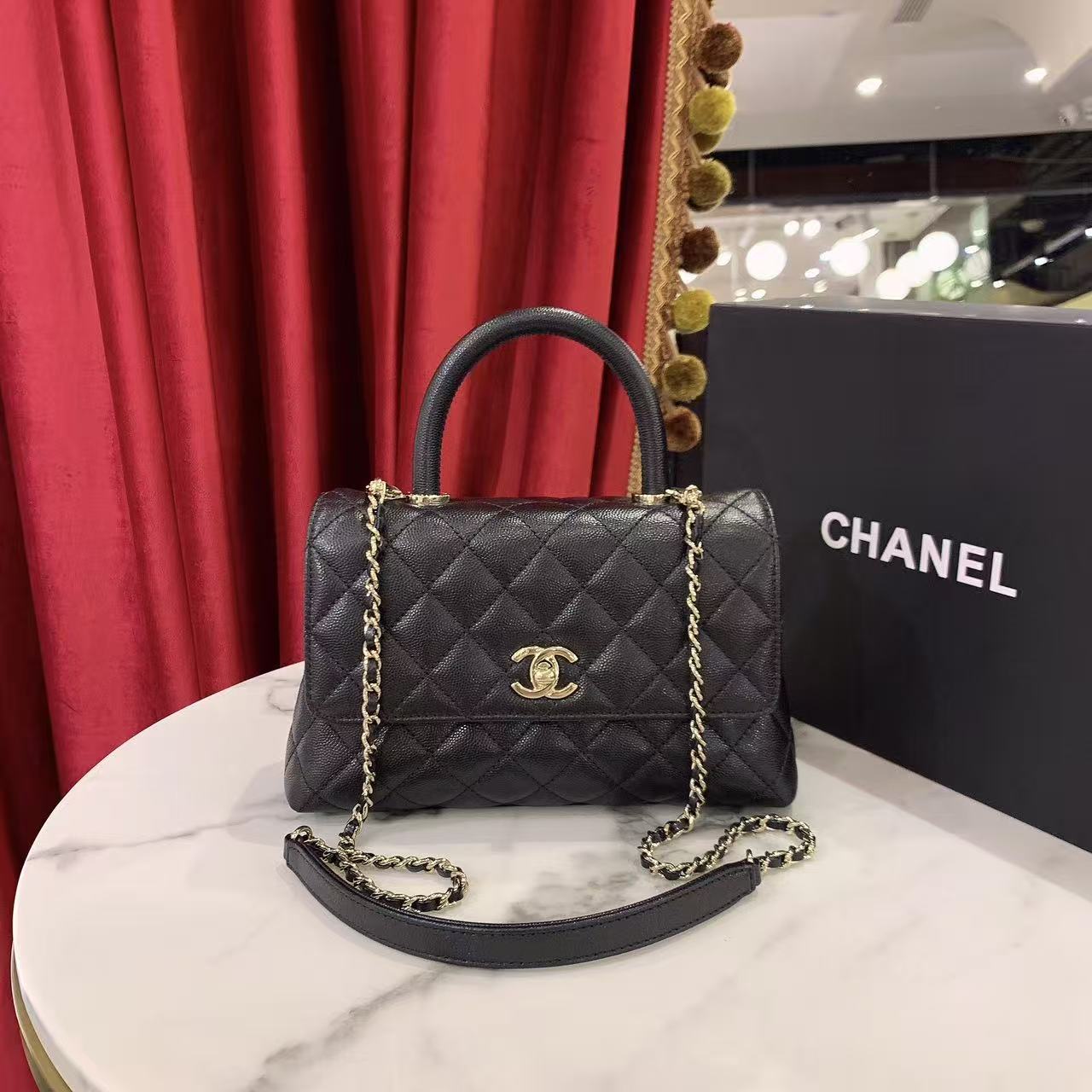 95新 Chanel/香奈儿 GGS小号黑色金扣荔枝牛皮单肩包68939099