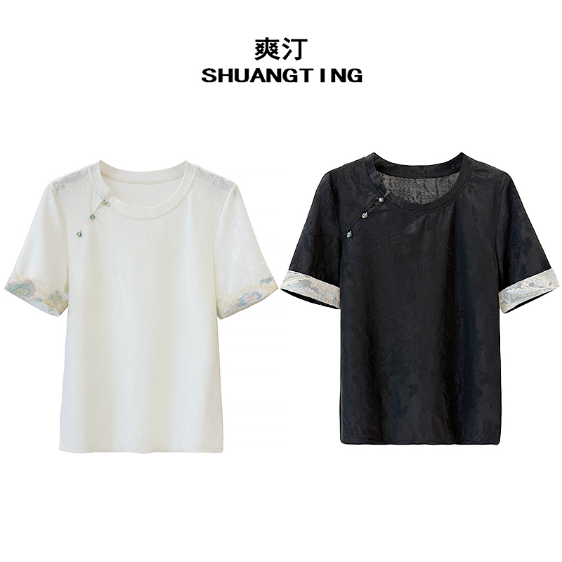 Jokara/丘可儿【雾绡】新中式斜襟纽扣显瘦短袖T恤国风气质纯色夏