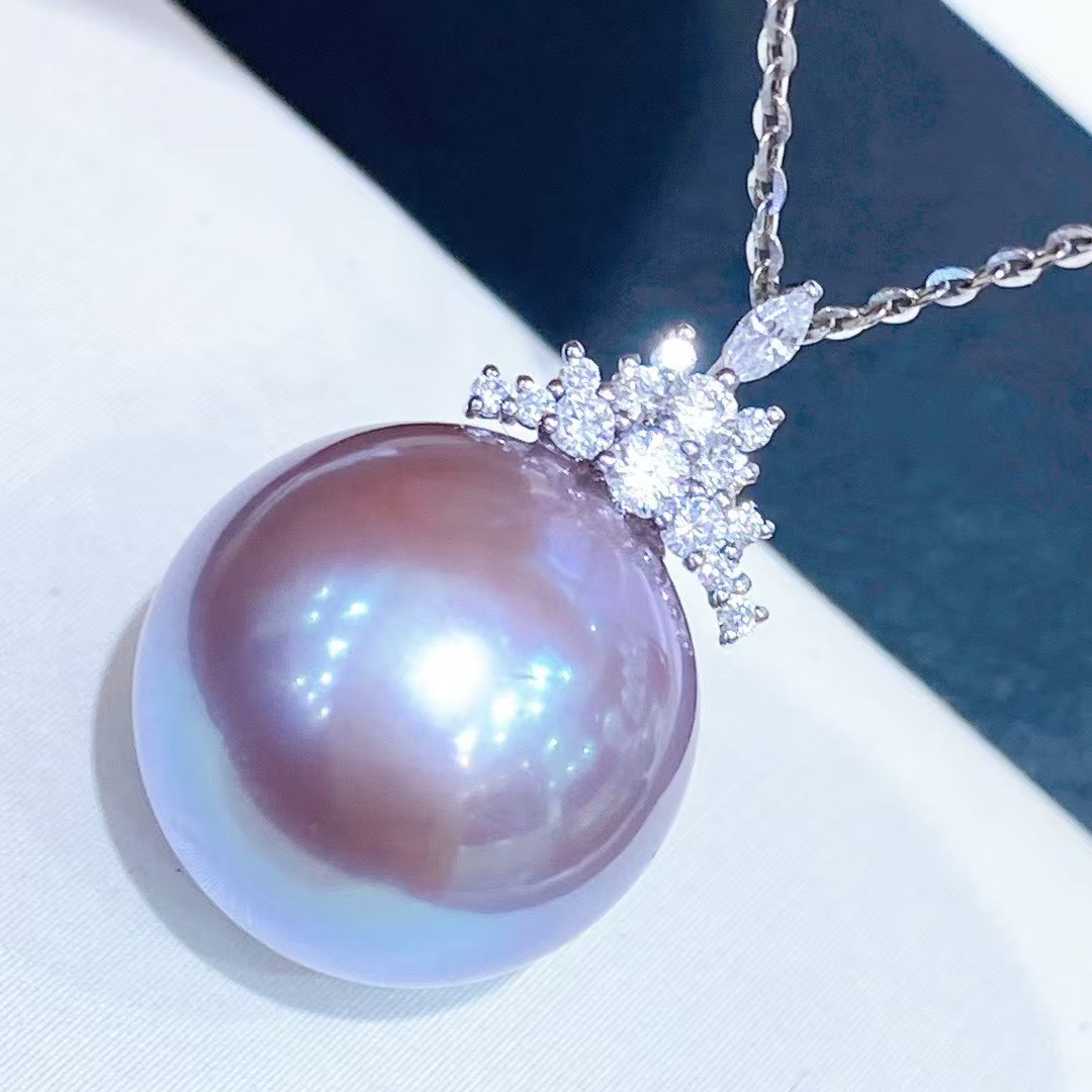 正圆无暇大点位18K金14-15mm淡水珍珠吊坠紫珠紫色冰雪女王不含链