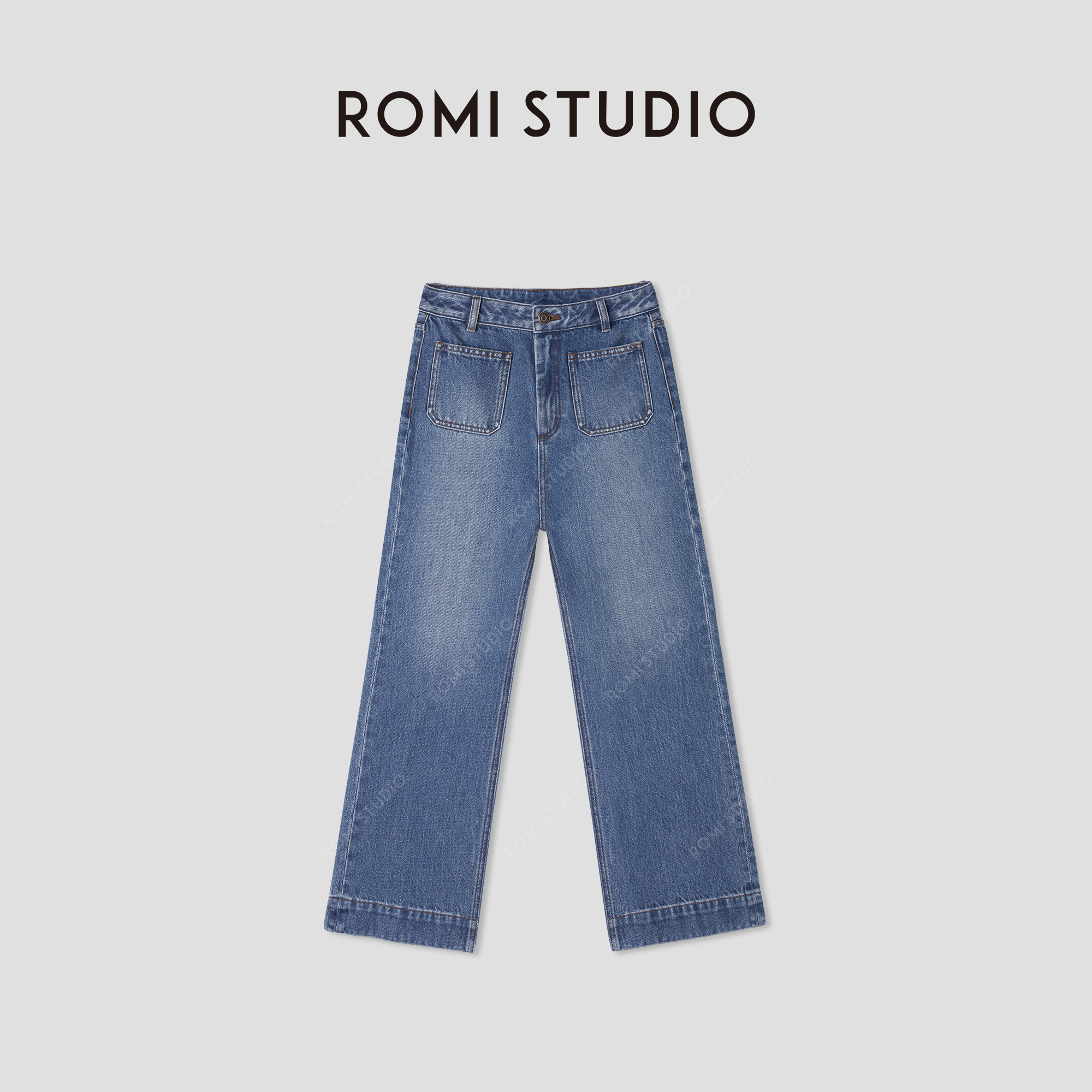 ROMI STUDIO“法式复古”棉质高腰双口袋九分微喇牛仔裤 RWCSXD3470