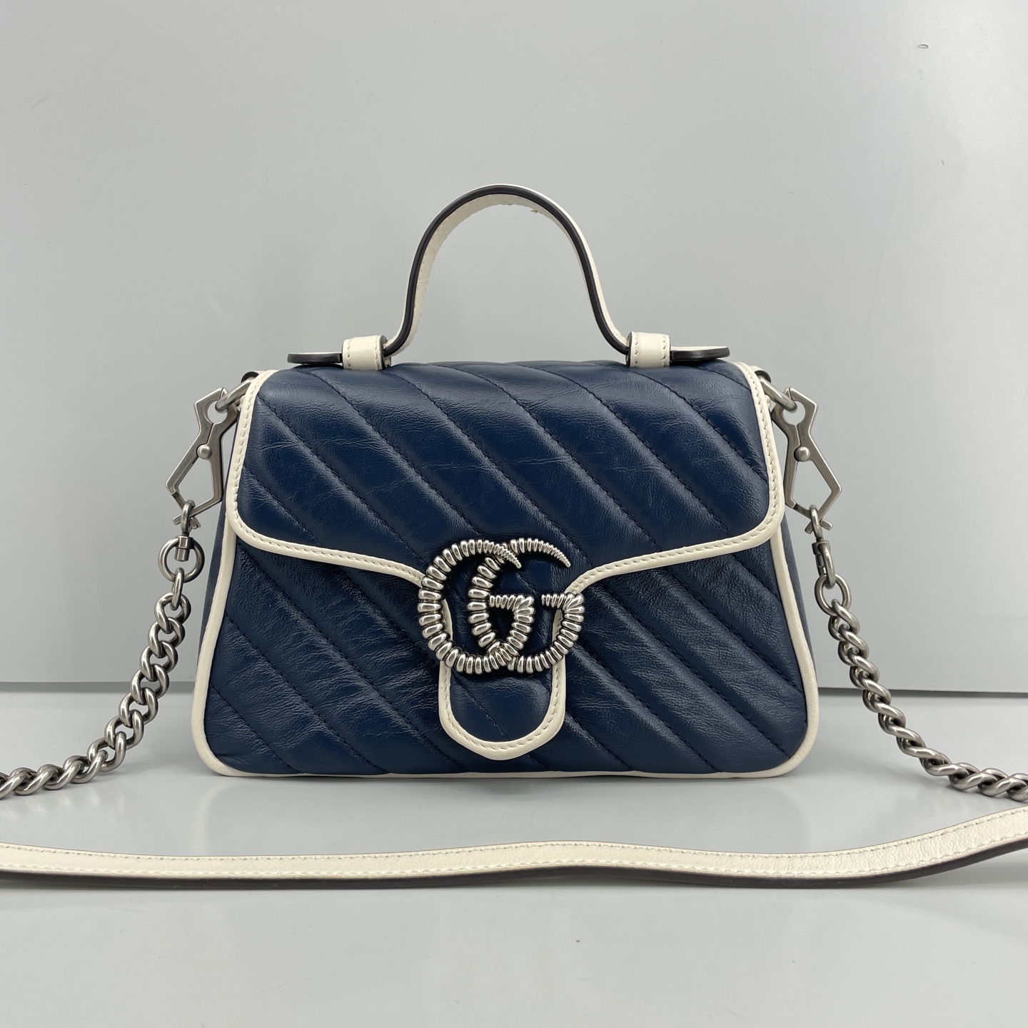 95新 GUCCI/古驰 优选/马蒙蓝色白边小号手提包黑标030/20x15x8