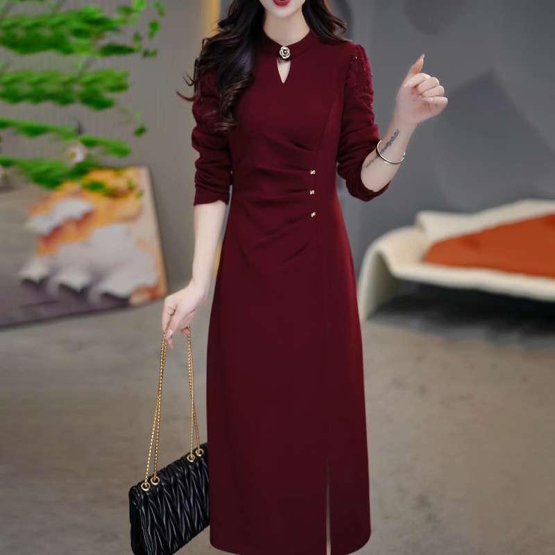 ML-01红色开叉连衣裙2024新款秋冬喜婆婆婚宴装礼服加厚配大衣