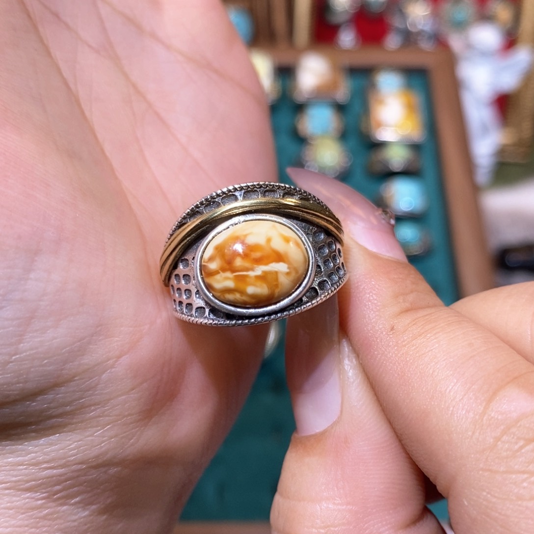 琥珀戒指银S925镶嵌?戒指
