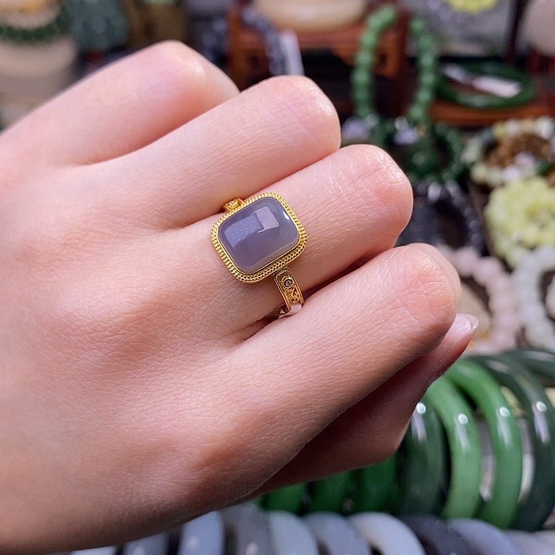 和田玉早间福利烟紫方糖戒指未镶嵌